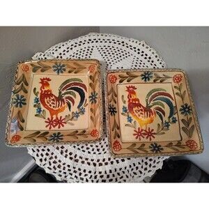 Set Of 2 Maxcera 'Red Rooster' 6.25" Plates Hand Painted Chanticleer